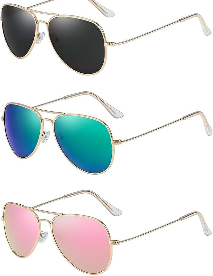 3-Pack Aviator Polarized Sunglasses Womens & Men – UV400 Protection, Stylish & Lightweight Mens Sunglasses, 3 Colors (Grey/Green/Pink, 62mm - Large)