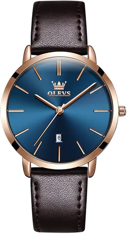 OLEVS Damen-Armbanduhr, ultradünn, 6,5 mm, minimalistisch, Business-Kleid, wasserdicht, Datum, braunes Leder, blaues Zifferblatt, schmale Uhren für Damen