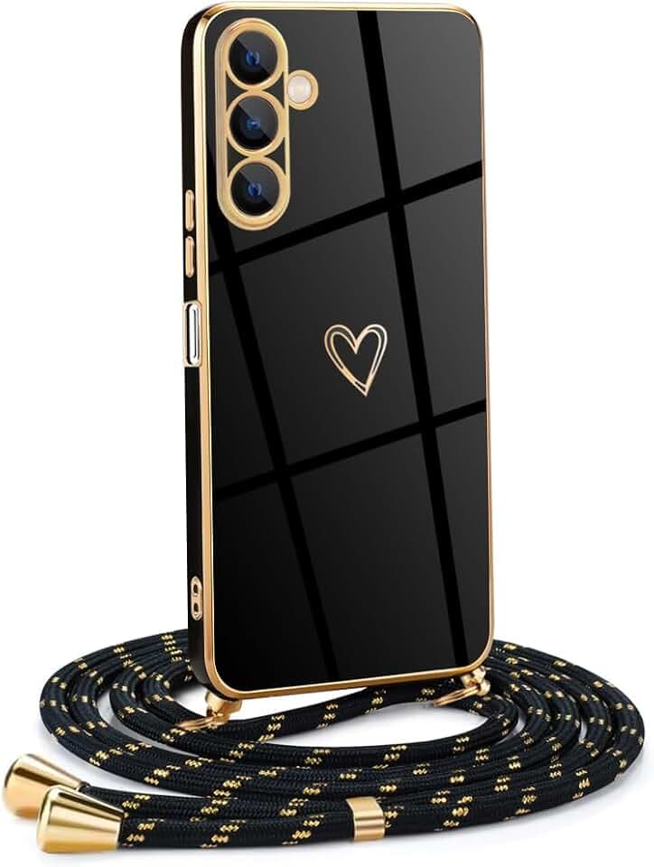 Frauen Mädchen Handykette Kompatibel mit Samsung Galaxy A16 5G - Silikon Hülle mit Band - Handyhülle für Samsung Galaxy A16 5G Herz Love Design Galvanik - Hülle mit Kordel in schwarzes Gold