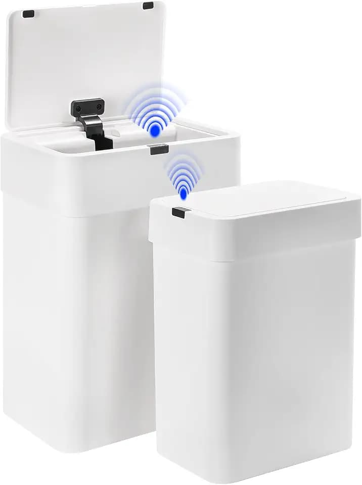SYNCVIBE 2 Pack Bathroom Trash Can with Lid - 2.5 Gal and 4 Gal Motion Sensor Garbage Bin, Smart Rubbish Bin, Waterproof Slim Dustbin, Automatic Plastic Trash Can for Bathroom, Office, White