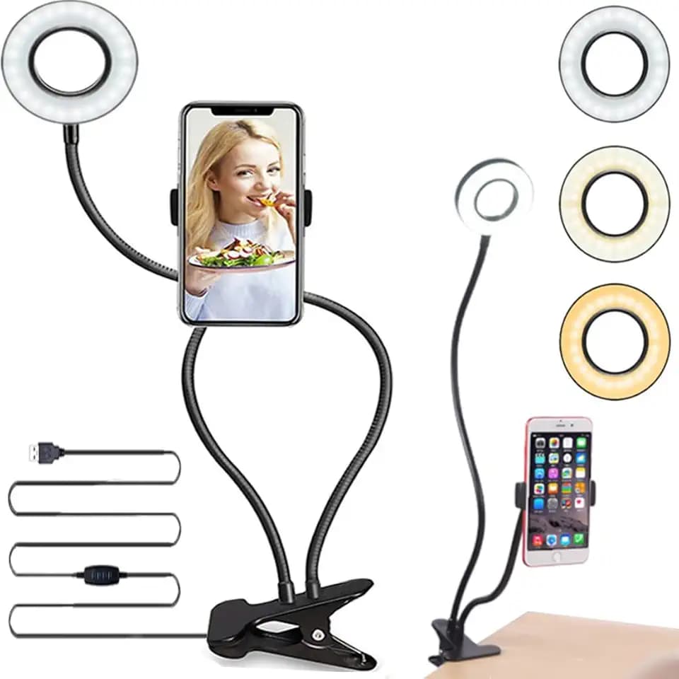 Retoo LED Ringlicht mit Stativ Selfie-Licht, Selfie-Lampe Schwanenhals Klemmlampe Handy Selfie Ring Licht Tisch Ringleuchte Live-Stream Makeup Fotografie YouTube Vlogs Dimmbare Tischringlicht 4"