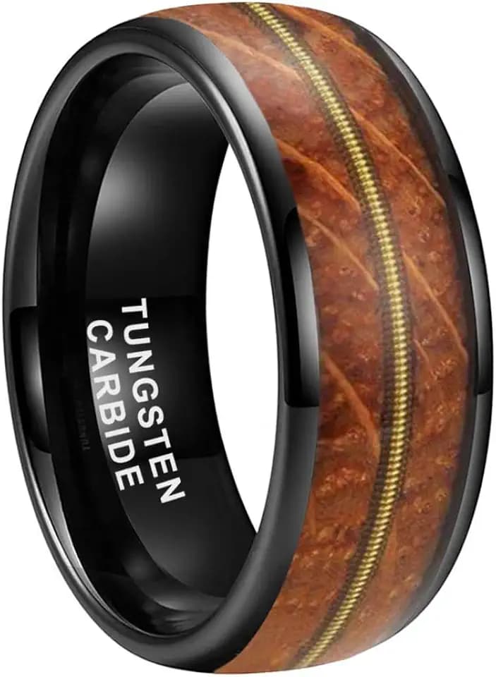 TUTISS 8mm Silver/Black/Gunmetal/Gold Tungsten Rings for Men Women Engagement Wedding Bands Whisky Wood Guitar String Inlay Domed Polished Comfort Fit