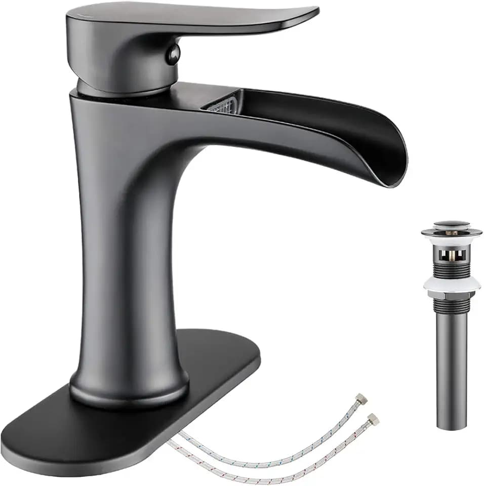 Wasserfall-Badezimmerarmatur Schwarz YUNDOOM Mattschwarz mit Pop-Up-Ablauf, Einzelgriff, ein Loch oder drei Löcher, Waschtisch, Bauernhaus, Wohnmobil, Gefäß, Waschbecken, Wasserhahn, Deckmontage