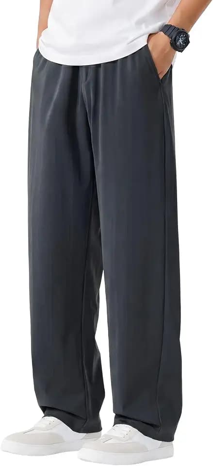 Mens Summer Casual Pants Cooling Touch Mens Lounge Pants Lightweight Breathable Wide Leg Sweatpants with Zip Pocket