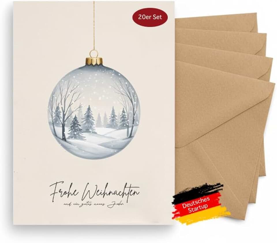 20 Weihnachtskarten mit Umschlägen – Klappkarten DIN A6 mit Weihnachtskugel – Nostalgisches Weihnachtskarten Set Frohe Weihnachten für Familie, Kunden & Freunde