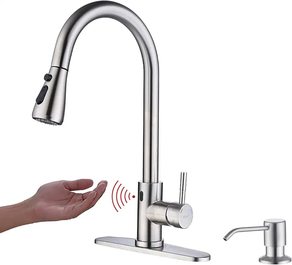 Touchless Kitchen Faucet with Pull Down Sprayer, Motion Sensor Kitchen Faucet with Kitchen Soap Dispenser, Single Kitchen Faucet High Arc Pull Out Faucet for Kitchen Sink RV，Brush Nickel