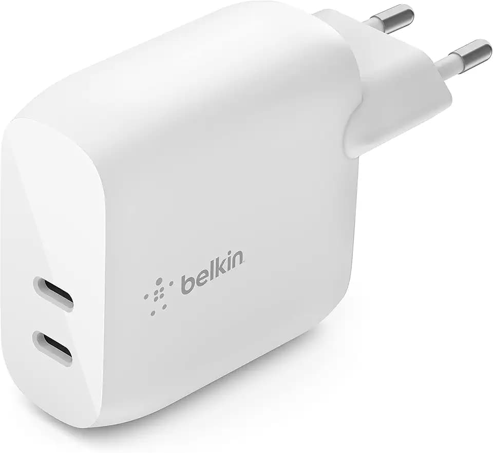 Belkin 40-W-USB-C-PD-Ladegerät (2 USB-C-Ports mit 20 W je Port, Schnellladen mit Power Delivery für das iPhone 14, 13, oder 12, iPad Pro, Galaxy und andere Geräte)