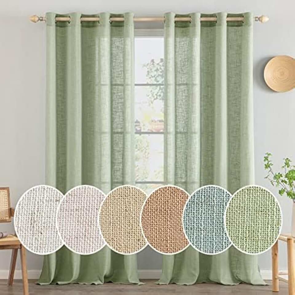 MIULEE Gardinen Leinen mit ösen Halbtransparent Vorhänge Grün 240x140 cm | 2er Set, Leinenoptik Modern Voile Ösenvorhang, für Wohnzimmer Kinderzimmer Raumteiler, schlaufenvorhang