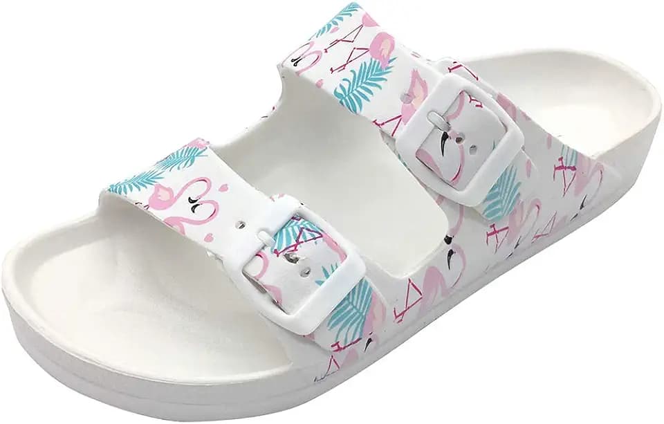 FUNKYMONKEY Women's Comfort Slides Double Buckle Adjustable EVA Flat Sandals (10 M US, Flamingo/Sandals)