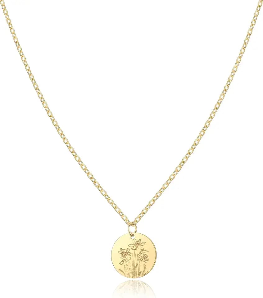 Birth Flower Necklace, Gold Plated Dainty Floral Pendant for Women