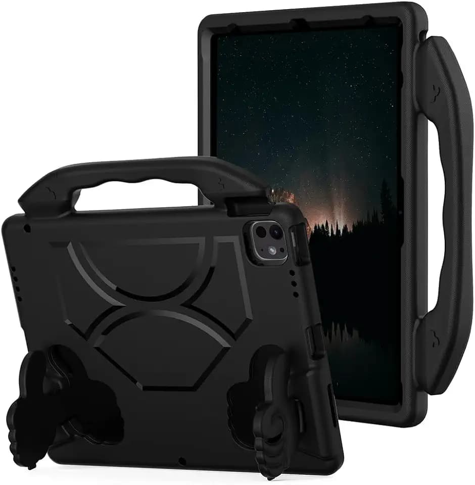Kids Case for iPad Pro 13" 2025 2024/Air 13" M4 2026 M3 M2, iPad Pro 12.9 2018-2022 Cover, AMZER Lightweight Shockproof EVA Foam Handle Stand Anti-Slip Grip Rugged Case, Black