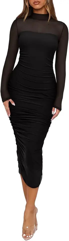 REORIA Women's Fall Mesh Sheer Long Sleeve Midi Ruched Bodycon Dress Mock Neck Elegant Evening Party Cocktail Dresses