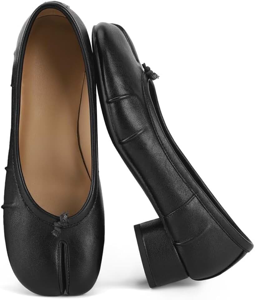 Black Tabi Heels for Women Split Toe Ballet Pumps Low Block Heel 9