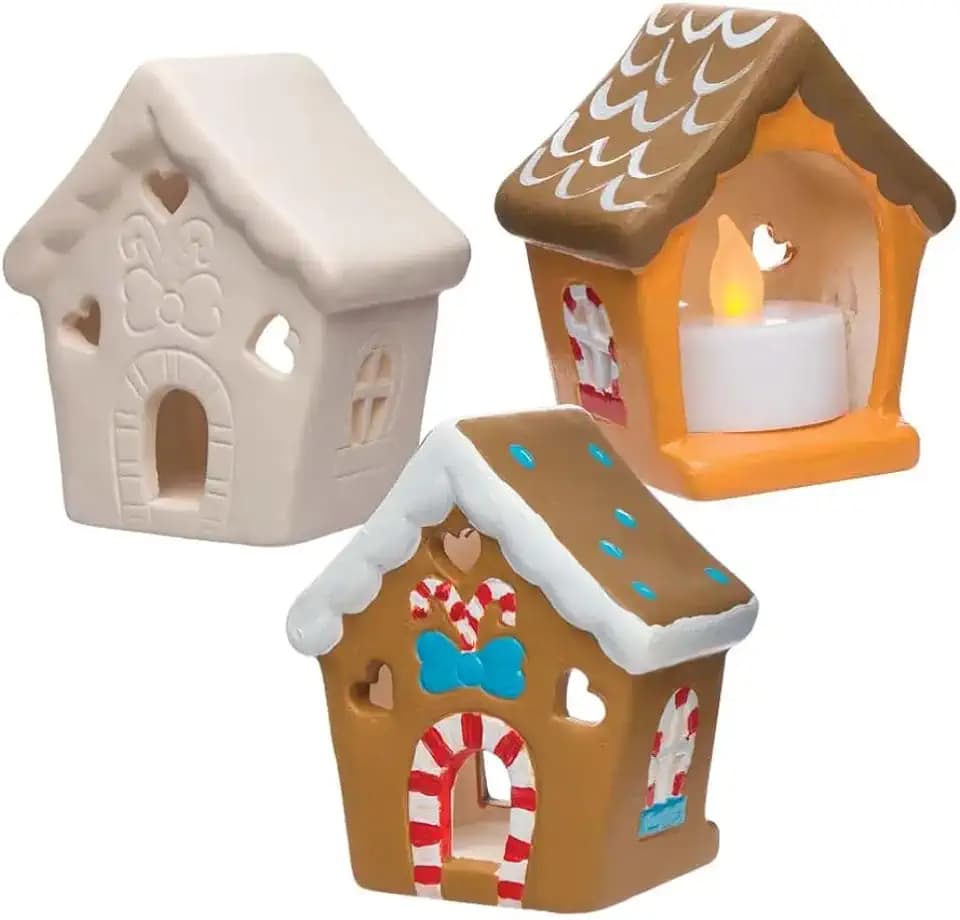 Baker Ross Keramik-Teelichthalter „Lebkuchenhaus“ für Kinder – für weihnachtliche Bastelarbeiten und Dekorationen (4 Stück), Braun, Weiss, Creme