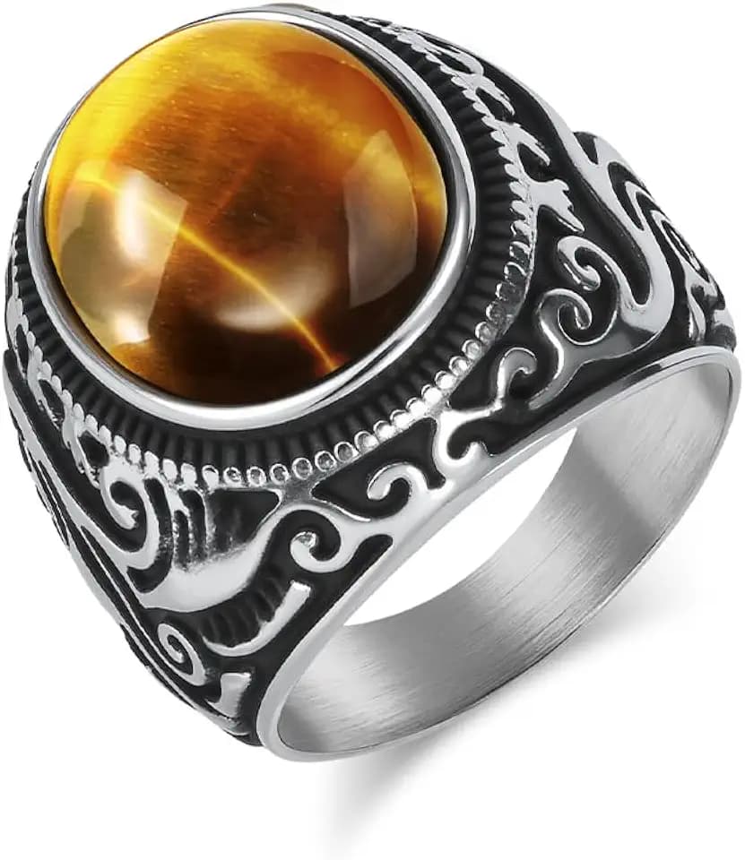 Retro Tiger Eye Stone Ring Oval Gemstone, Stainless Steel Engraving Vintage Decor Patterns for Men Women Signet Band Rings