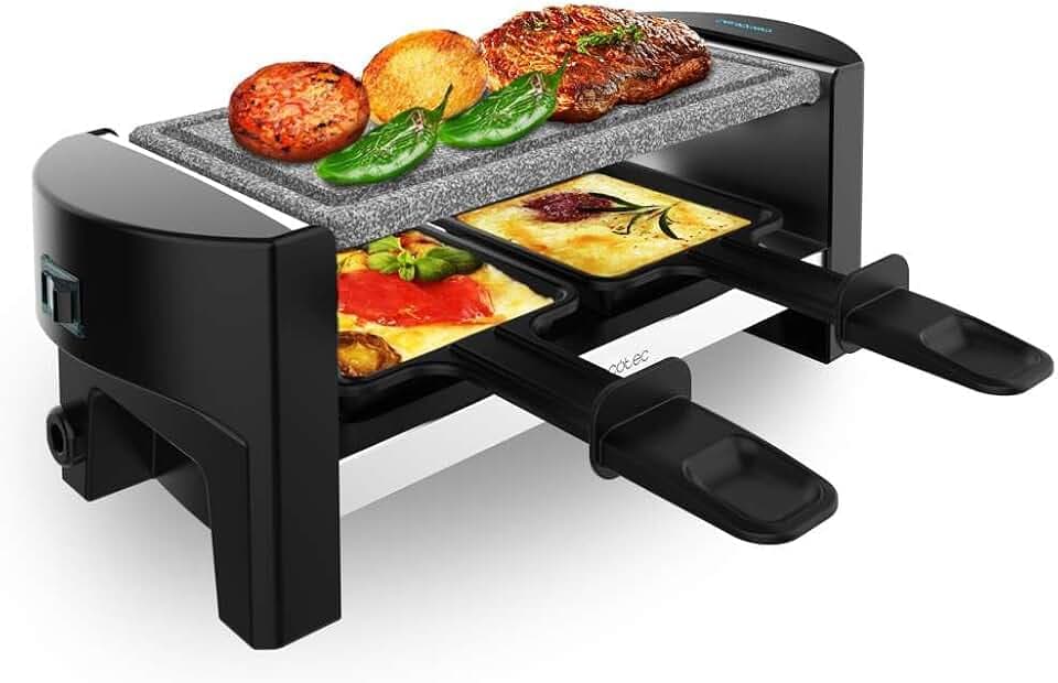 Cecotec Raclette-Set mit elektrischem Grill für 2 Personen, Raclette Cheese&Grill 3200 Pocket AllStone. 320 W, Edelstahl-Finish, antihaftbeschichtete Grillplatte aus Stein