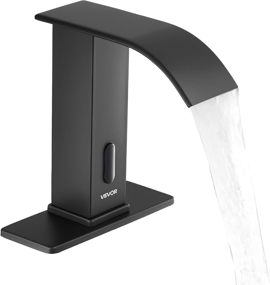 VEVOR berührungsloser Waschtischhahn (Mattschwarz) Badezimmer, automatische Waschtischarmatur mit Lochabdeckung, batteriebetriebener Wasserhahn gewerblicher Toilettenhahn, Sensorhahn mit Wasserfall