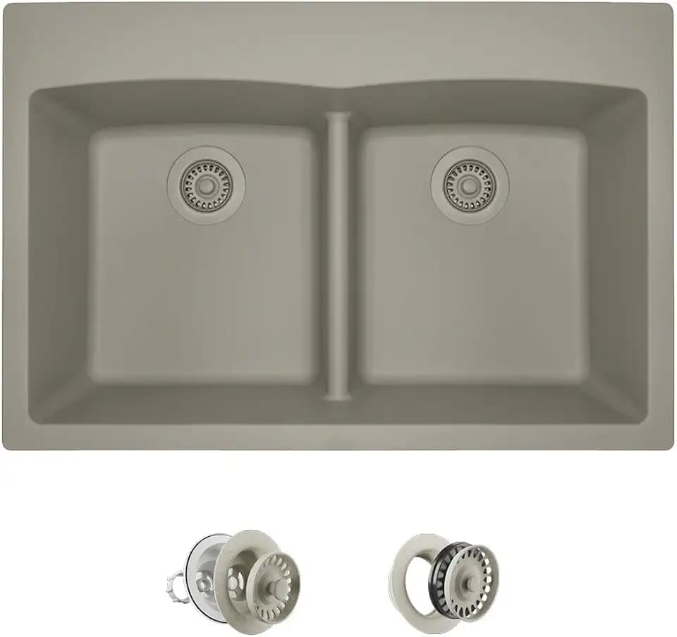 MR Direct T812-ST-CSTFL Slate Topmount Granite Composite 33 in. Double Bowl Kitchen Sink Matching 1 Strainer & 1 Flange