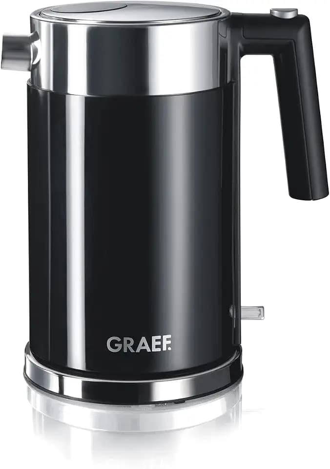 GRAEF Edelstahl Wasserkocher WK62 Schwarz mit 1,5 Liter Fassungsvermögen, Kalkfilter aus Edelstahl, Lift-Off-Abschaltung, Füllmengenmarkierung