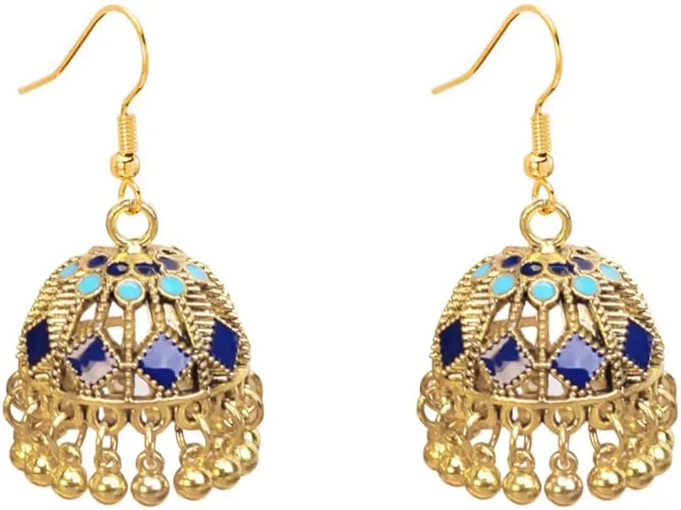 Gold Plated Indian Jhumki Bell Vintage Colorful Enamel Statement Dangle Drop Earrings for Women Boho Jhumkas Beaded Tassel Hook Dangling Bollywood Hypoallergenic Fashion Trendy Jewelry