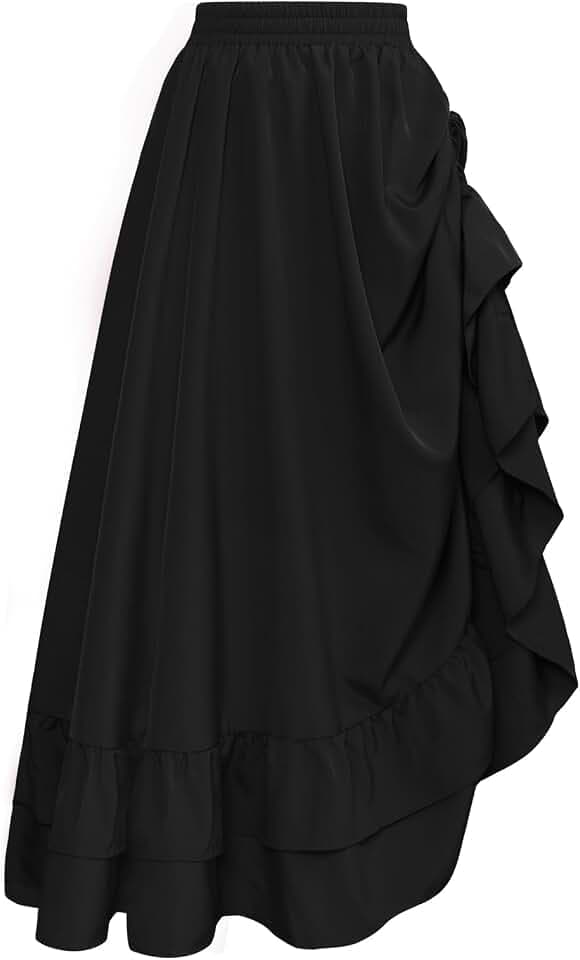 SCARLET DARKNESS Piraten Rock Damen Doppellagiger Mittelalter Maxirock | Elastische Hole Taille, Verstellbarer Rüschensaum mit Kordelzug, Mittelalter Kleidung Piratenkostüm Gothic Steampunk Rock