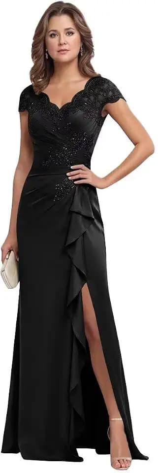 Short Sleeves Mother of the Bride Dress with Slit Ruffle Chiffon Formal Evening Gown Lace Mother of the Groom Dress for Women Black US6