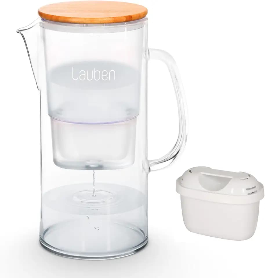 Lauben 32GW Wasserfilter Kanne Glas, Filterkanne Gesamtvolumen 3,2l, Borosilikatglas, Wasserfilter-Kartusche enthalten, antibakterieller Deckel aus Bambus, kein Plastik-Nachgeschmack im Was