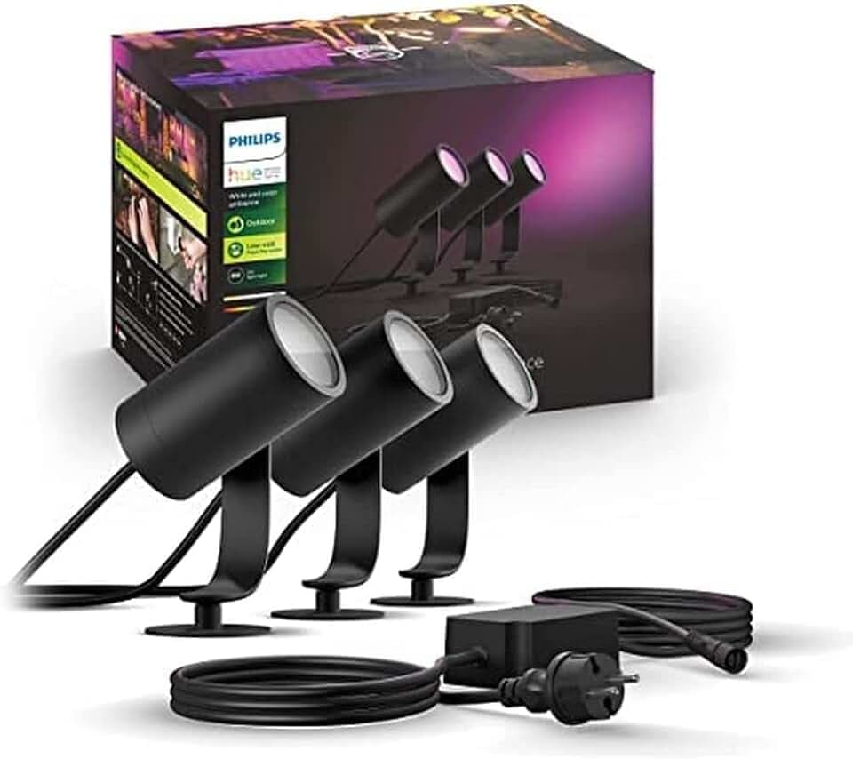 Philips Hue White & Color Ambiance Lily Gartenstrahler Basis Set 3er Pack (1.770 lm), dimmbare Außenleuchten mit 16 Millionen Farben, smarte Lichtsteuerung über Sprache oder App, schwarz