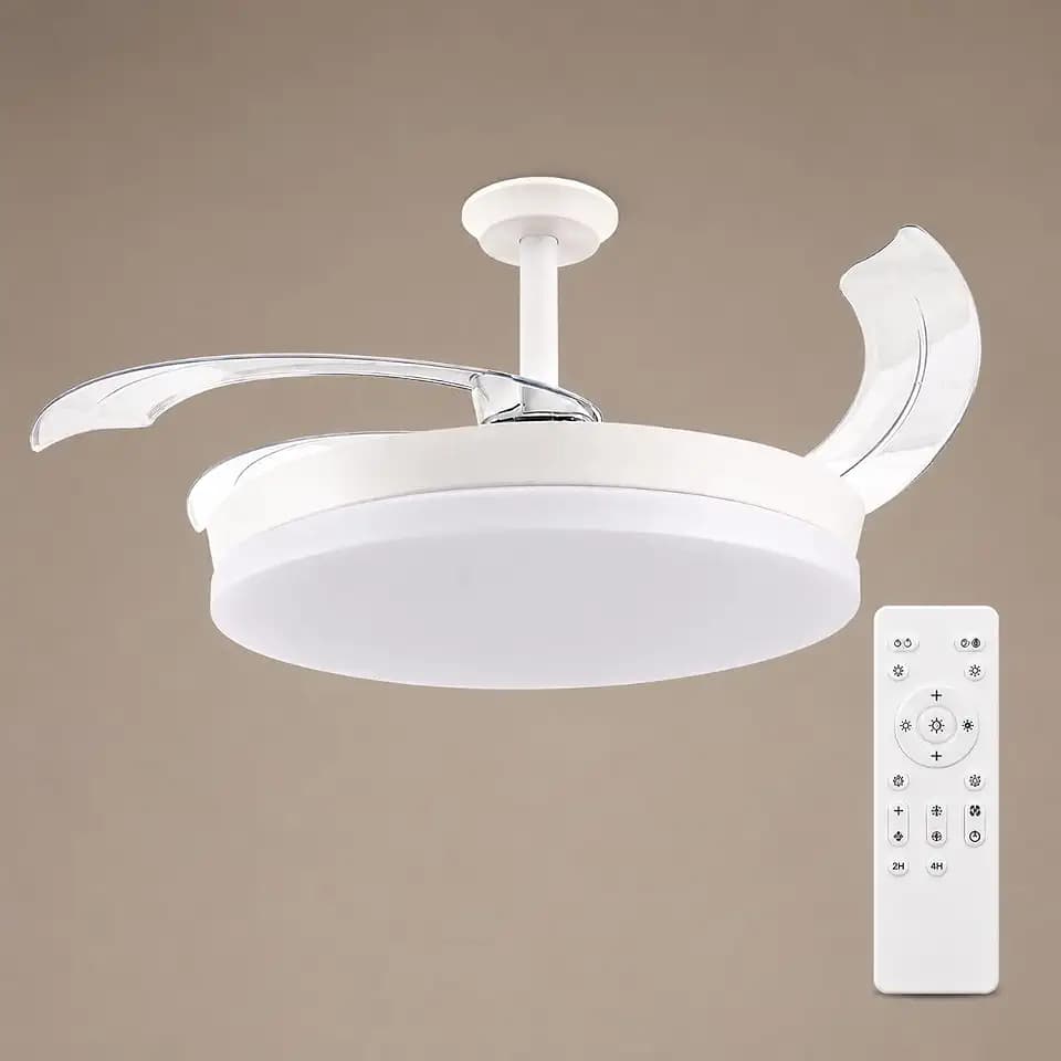 M mimotec - Deckenventilator White Guadix, einziehbar, mit CCT-LED-Licht, 36 W, Ø 107 cm, leiser Gleichstrommotor, 30 W, Fernbedienung, 6 Geschwindigkeiten, klappbare Flügel, Timer und Sommer
