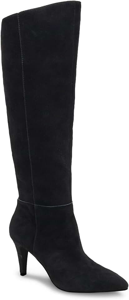 Coutgo Womens Wide Calf Knee High Boots Stiletto High Heel Pointed Toe Side Zipper Suede Long Boots Winter Shoes