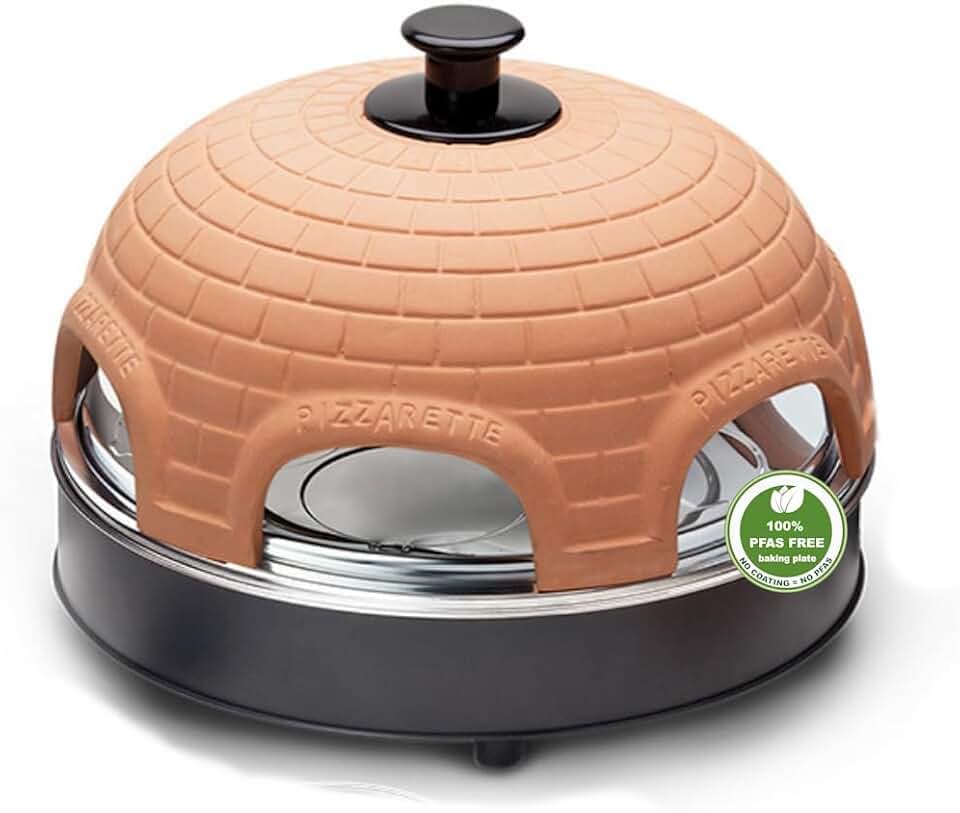 Emerio Pizzaofen, PIZZARETTE das Original, 1 handgemachte Terracotta Tonhaube, patentiertes Design, für Mini-Pizza, echter Familien-Spaß für 6 Personen, Terracotta Orange / Schwarz, PO-115984