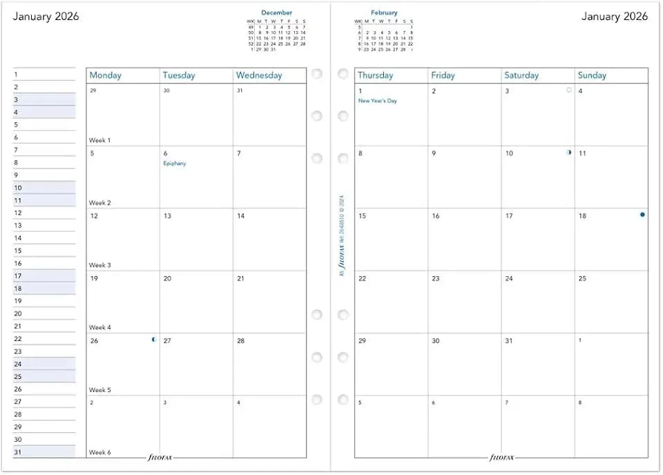 Filofax Kalender-Tagebuch-Nachfüllpackung, A5-Größe, Monatsansicht, weißes Papier, Englisch, 2026 (C68510-26)