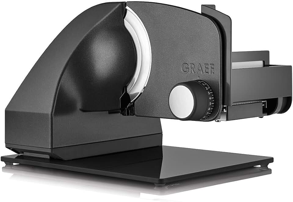 GRAEF. Master M95 - Elektrischer Allesschneider, Made in Germany, Kippbar 30°, Vollstahlmesser 170 mm für feinste Schnitte, Schnittstärke 0-20 mm, 170 W, Vollmetall, Messerschärfer, Eisenglimmergrau
