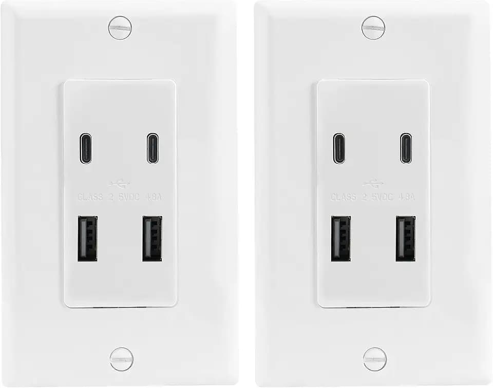 BAOMAIN 2-Pack USB Wall Outlet, 4.8A 4-Port (2 USB-C 2 USB-A) White