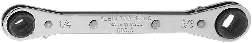 Klein Tools 68310 Ratcheting Refrigeration Wrench, Made in USA, Reversible Wrench with 3/16 and 5/16-Inch Square and 1/4 and 3/8-Inch Square Sizes