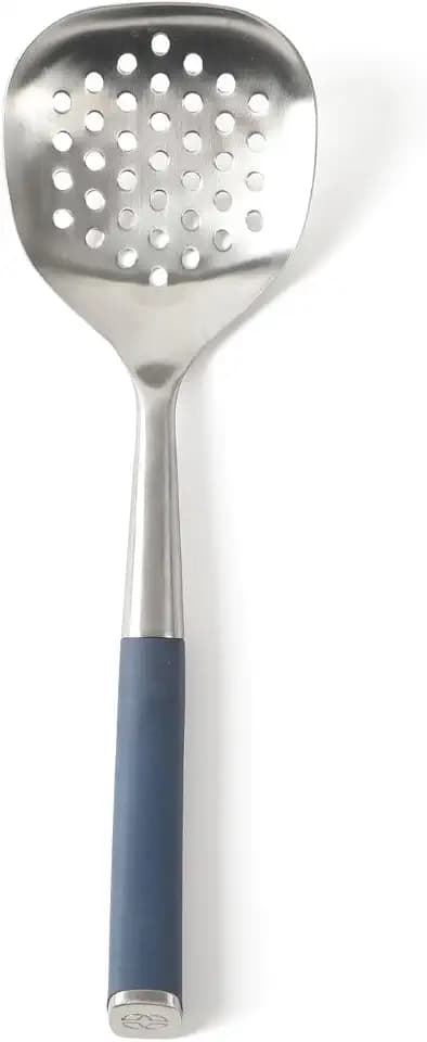Calphalon Edge Stainless Steel Slotted Spoon/Skimmer, Kitchen Strainer Spoon, Skimmer with Silicone Heat Resistance Handle, Slotted Cooking Tool for Draining and Skimming (Blue)
