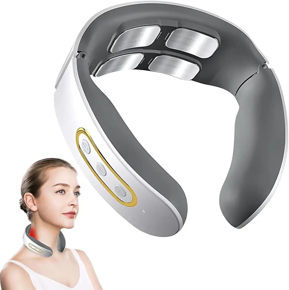 Elektrische Nackenmassagegerät, Nackenmassagegerät Kabellos, Massagegerät Nacken, Tragbares Neck Massager für Damen Herren, 4-Kopf-Puls-Massage und Heizfunktion, 6 Modi, 9 Intensitätsstufen