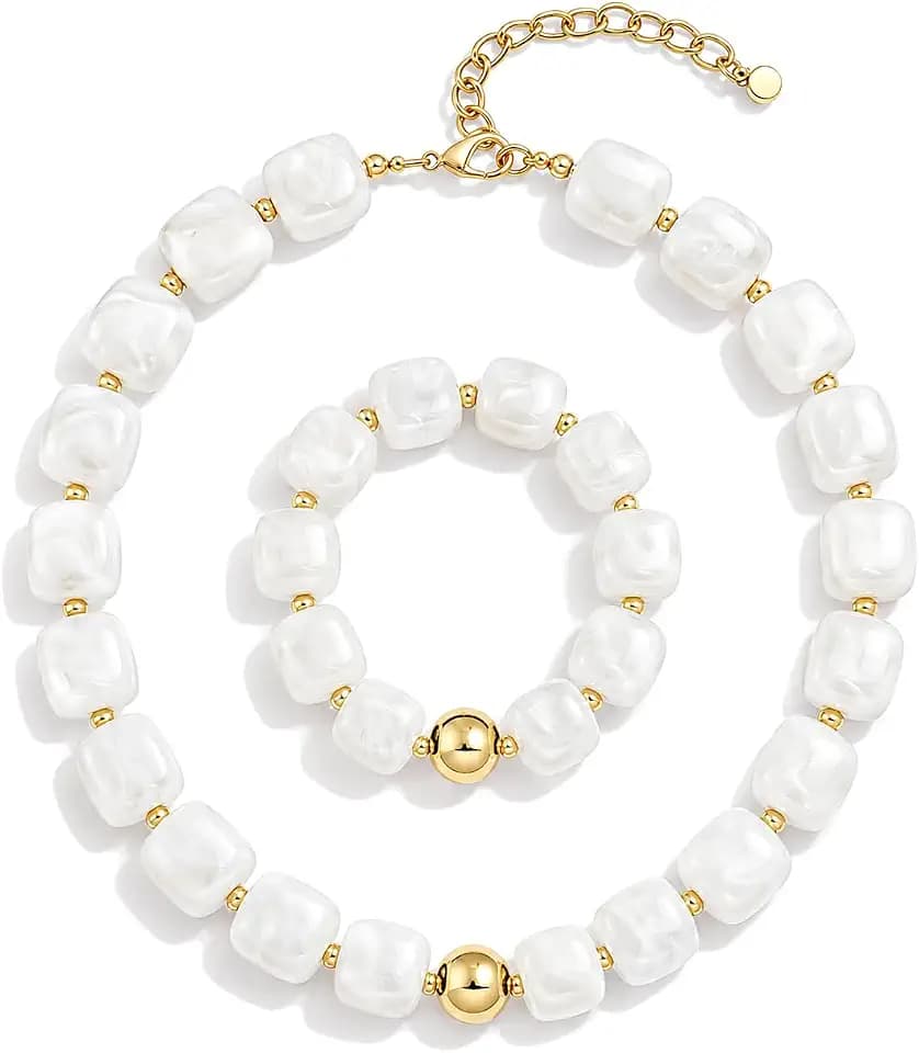 Beaded Necklace and Bracelet Set for Women, Chunky Beaded Necklace, Resin Statement Jewelry Set, Adjustable Gold-Plated Necklace, Stretch Bracelet, Gift Box