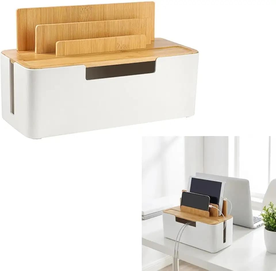 kabelbox weiß,kabelbox,kabelorganizer,steckdosenbox,kabelmanagement Box Mit Bambusdeckel,Gilt für kabelmanagement,kabelaufbewahrung(30x13x16cm)