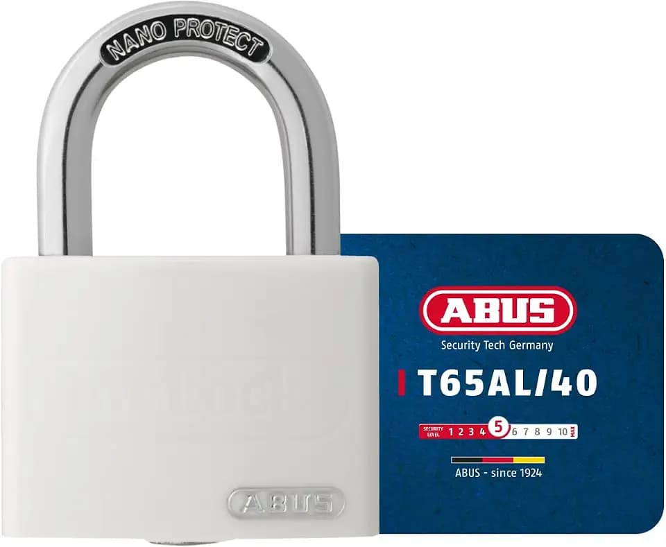 ABUS Vorhängeschloss T65AL/40 myLOCK - beschreibbar, Aluminium, Weiß | Spindschloss mit beschreibbarem Kunststoffmantel, Stahlbügel, Sicherheitslevel 5, 43 mm Breite, 98 g