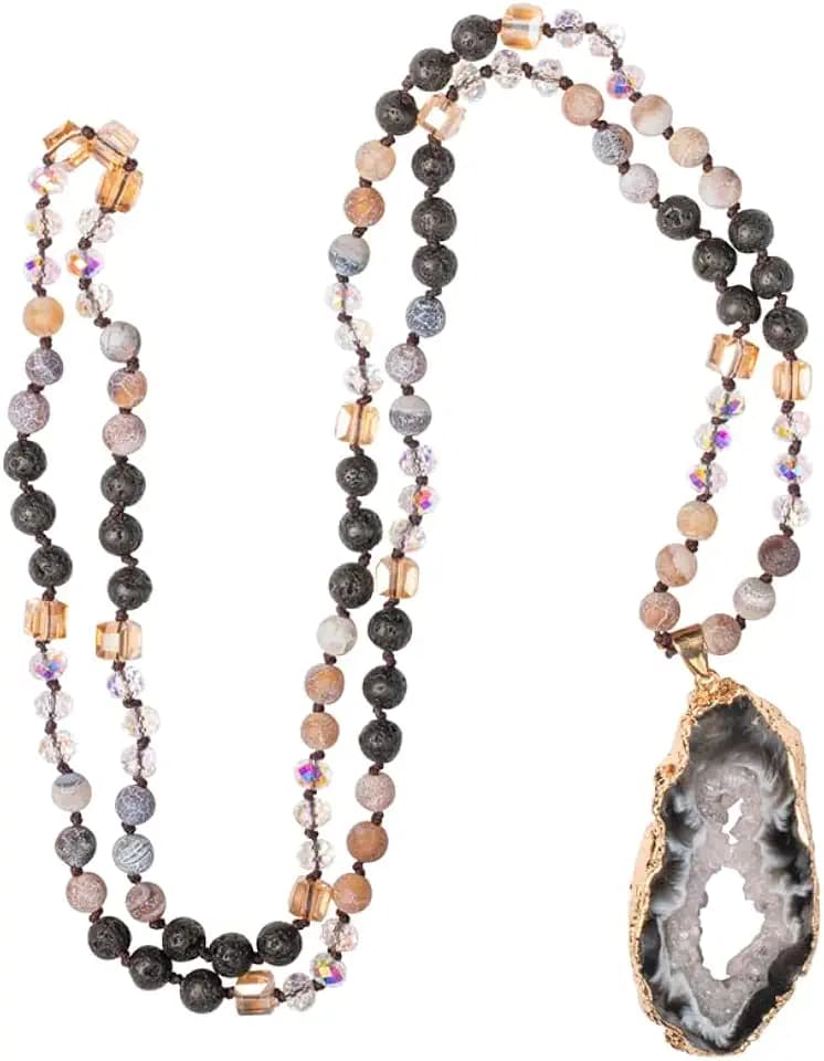 Boho Long Natural Stone Beads Pendant Necklace Crystal Hand Knotted Jewelry for Women