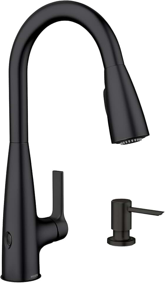 Moen Haelyn Matte Black Touchless Single-Handle Pull-Down Sprayer Kitchen Faucet with Soap Dispenser, Features Power Clean for a Faster Wash, 87627EWBL