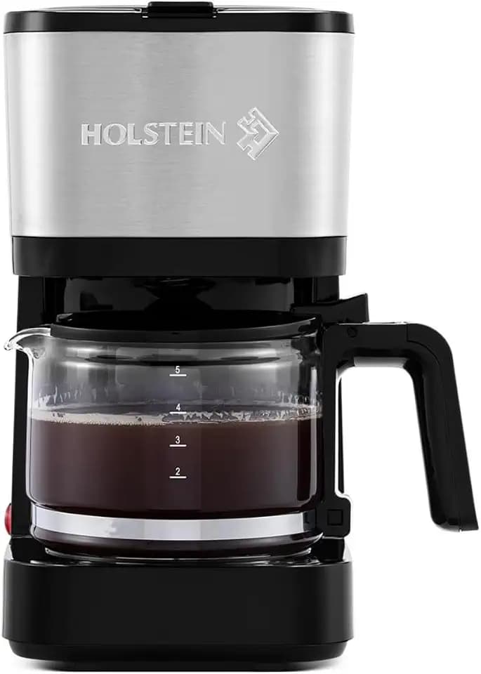 Holstein Housewares 5 Cup Coffee Maker – Compact Drip Coffee Machine with Auto Pause & Serve, Reusable Filter, Glass Carafe, Water Window & Warming Plate, Black