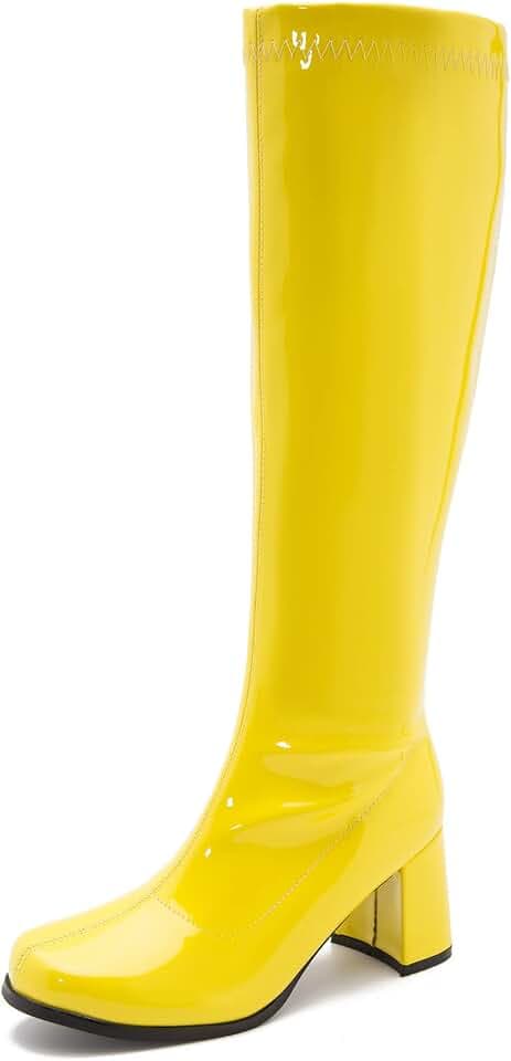 LIURUIJIA Women's Knee High Gogo Boots Block Heel Square Toe Disco Style