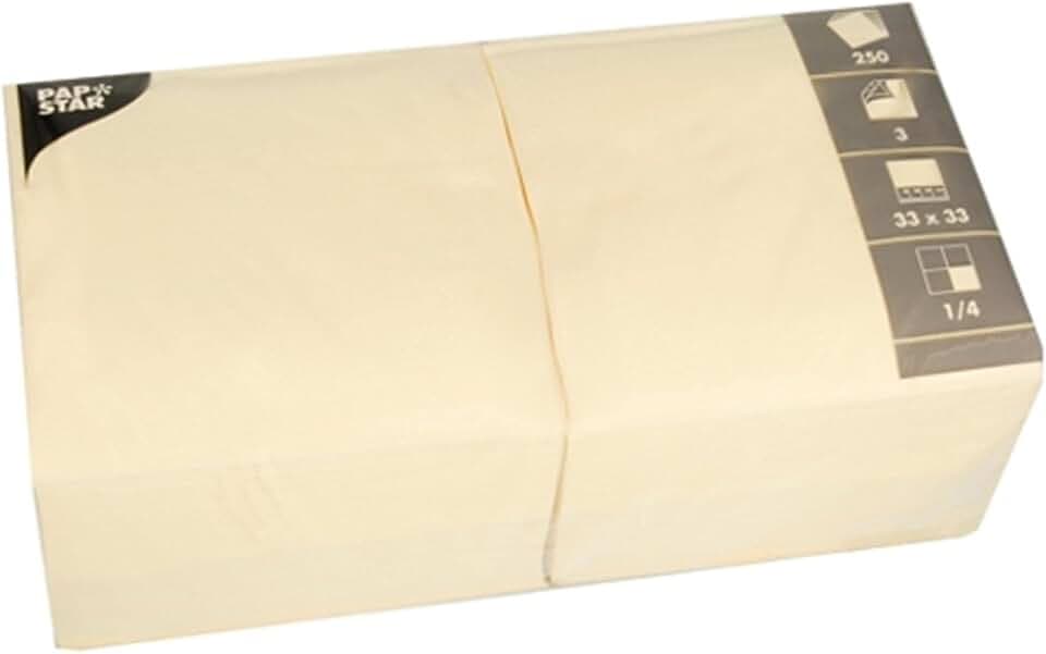 Papstar 250 Servietten, 3-lagig 1/4-Falz 33 cm x 33 cm creme für jede Party und Feier. Farbe: Creme / beige