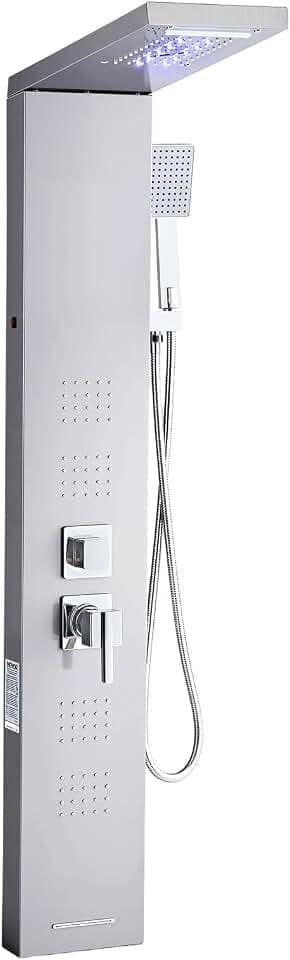 VEVOR Duschpaneel-Turmsystem (5 Modi) mit Regenwasserfall-Duschkopf & LED, (1345 mm) Duschsäule aus gebürstetem Edelstahl, Regenmassagesystem zur Wandmontage, mit Handbrause & 4 Körperbrausen