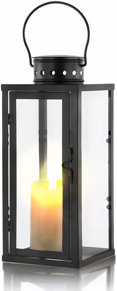 Schwarz Laternen für Draußen, Metall und Glas Grablaterne Friedhof Wetterfest, Ideal als Windlicht Outdoor, Kerzenhalter, und Laterne Deko für Garten und Friedhof (M)