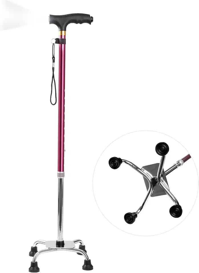 Quad Cane,Adjustable Walking Cane with 4-Pronged Base for Extra Stability,Sturdy Quad Walking Cane with Led Lights,Lightweight Quad Cane with Small Base,Portable Stick for Men & Women and Seniors