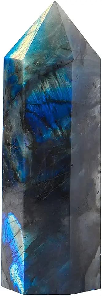 Runyangshi Large Labradorite Healing Crystal Wand 4.72"-5.12" Crystal Tower 6 Faceted Single Point Crystal Prism Wand Natural Quartz Stones for Meditation Reiki Chakra Therapy Home Decor Gift