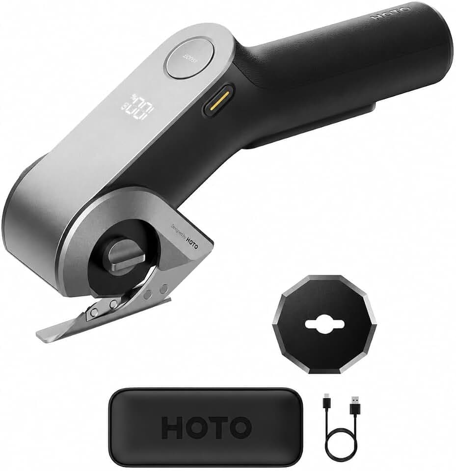 HOTO Kartonschneider Elektrisch, Titanklinge LED Display Elektrische Schere | Selbstschleifend & Sicherheitsverriegelung, EdgeFlow-Elektrischer Kartonschneider für Karton, Teppich, Leder, Stoffe